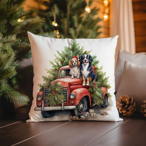 Federa Di Natale Lino Copricuscino Decorativo Vecchio Camion Rosso Stampa Cane Arredamento Per Vacanze