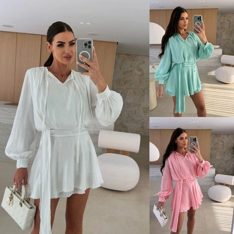Elegantes Satin V-Ausschnitt Mini Kleid Lange Laternenärmel Bindegürtel Lässige A-Linie Einfarbig Anspruchsvolle Pendlerkleidung