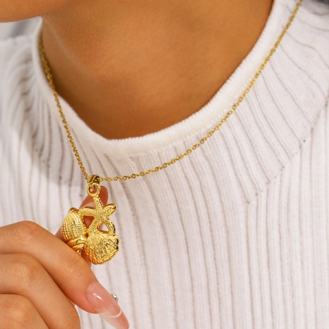 Collier Et Boucles D'oreilles À Pendentif Étoile De Mer Et Coquillage Océan Acier Inoxidable 304 Doré 18K Pour Femmes