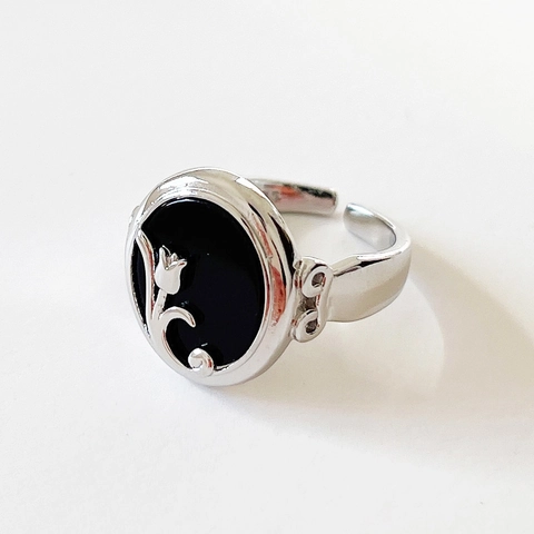 925 Sterling Silver Ring Black Agate Tulip Flower Design Adjustable Open Band Vintage French Style Jewelry For Women