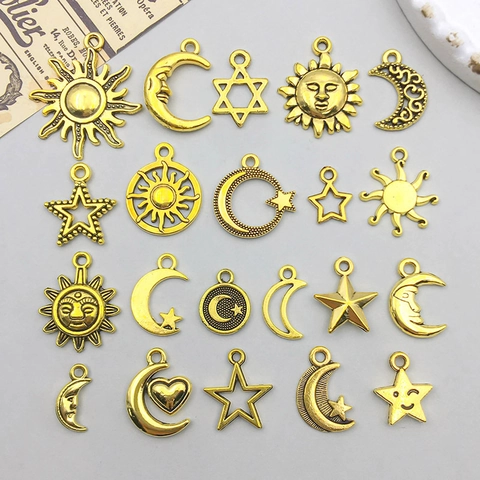 Dijes de Aleación Oro Envejecido Vintage Sol Luna Estrella Cara Colgantes Para DIY Collar Pulsera Pendientes Joyería