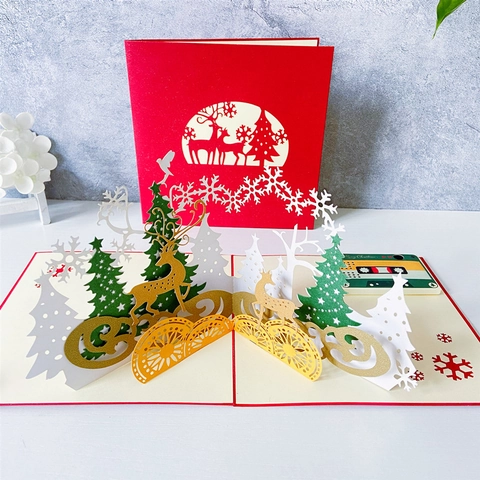 Cartes De Voeux De Noël 3D Pop Up Cartes Cadeaux De Vacances Papier Creux Découpé Au Laser Père Noël Renne Arbre