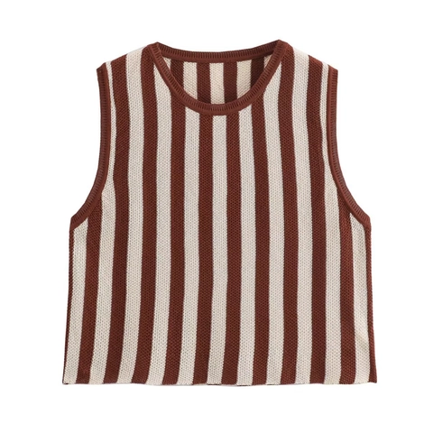 Damen Strick Ärmelloses Oberteil Und Weite Hose Mit Hoher Taille Vertikal Gestreift Lässiges Streetwear Outfit Retro Braun Beige