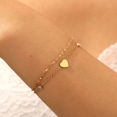 Zweilagiges Herz Anhänger Armband Edelstahl Zirkonia Eingelegt Elegant Vielseitig Modeschmuck Für Damen Gold
