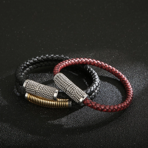 Men Braided Cowhide Leather Bracelet With Stainless Steel Magnetic Buckle Caviar Texture Industrial Punk Style Jewelry