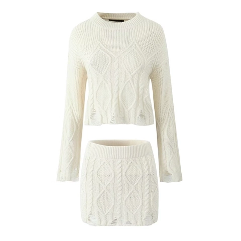 Pull Court Torsadé Et Mini Jupe Pour Femme Bords Déchirés Col Rond Manches Longues Streetwear Décontracté