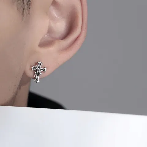Gothic Cross Stud Earrings For Men Vintage Silver Style With 925 Sterling Silver Earring Post Punk Jewelry