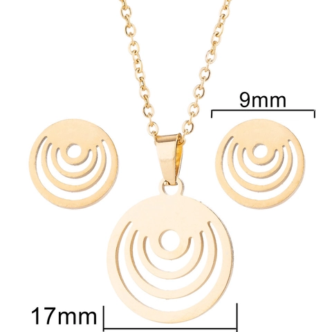 Minimalist Stainless Steel Hollow Out Geometric Round Pendant Necklace And Matching Stud Earrings Jewelry Set For Women