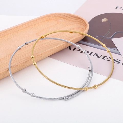 Edelstahl Kabeldraht Choker Halskette Mit Perlen Retro Minimalistisch Starr Offen Torque Für Frauen