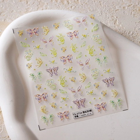 3D Embossed Nail Art Stickers PET Self Adhesive Butterfly Graffiti Doodle Style For DIY Manicure Decoration Macaron Colors