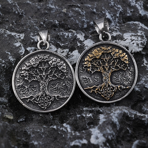Tree Of Life Pendant Necklace Stainless Steel Vintage Viking Nordic Style Round Relief Religious Jewelry For Men Women