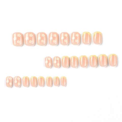 French Yellow Tip Press On Nails With White Daisy Flower Short Square Sweet Style Glossy False Nails For Women