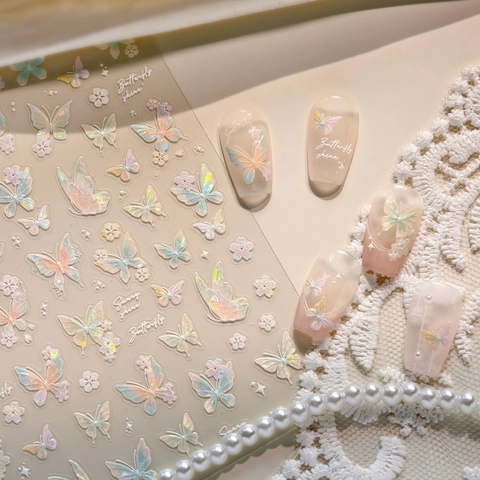 3D Relief Butterfly Nail Art Stickers Aurora Laser Self Adhesive Ultra Thin Decals Floral Star Decoration For Women