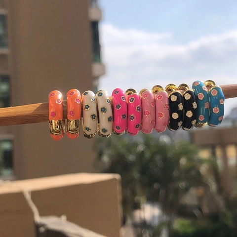 Copper Hoop Earrings Colorful Enamel Small Flower Pattern Huggie Style Sweet Floral Jewelry For Women