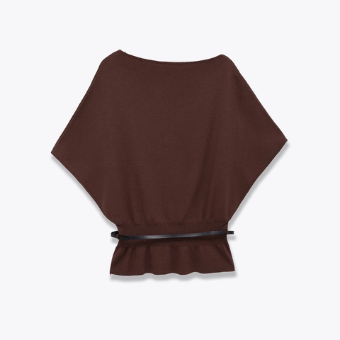 Women Boat Neck Knit Top Batwing Sleeves Belted Solid Color Loose Sweater Elegant Casual Pullover