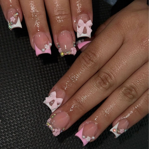 Unghie Finte Rosa French Con Fiocco 3D Fiori Strass Forma Quadrata Resina ABS Unghie Artificiali Per Donna