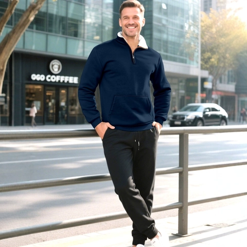 Tuta Da Uomo Felpa E Pantaloni Jogger Mezza Zip Pile Collo Alto Tasca A Canguro Street Casual Wear
