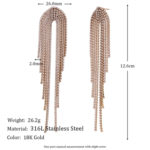 Long Tassel Earrings 316L Stainless Steel 18K Gold Plated Arched Wavy Fringe Zircon Exaggerated For Women Party Dinner