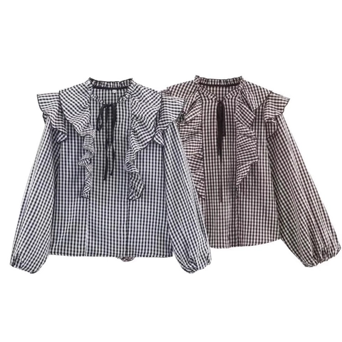 Damen Karo Bluse Mit Volants V-Ausschnitt Bindeband Langarm Laternenärmel Popeline Hemd Elegant Gingham Top