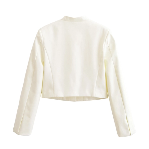 Women Casual Stand Collar Long Sleeve Short Jacket Solid Color Two Button Polyester Blazer Coat For Office Daily Streetwear