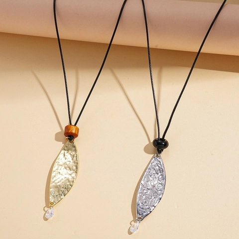 Hammered Alloy Leaf Pendant Long Sweater Necklace Adjustable Black Rope Chain Wood Bead Bohemian Vintage Style For Women