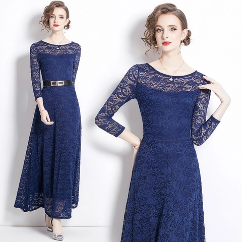 Vestito Lungo Elegante In Pizzo Da Donna Maniche Lunghe Girocollo Blu Reale Linea A Sera Con Cintura