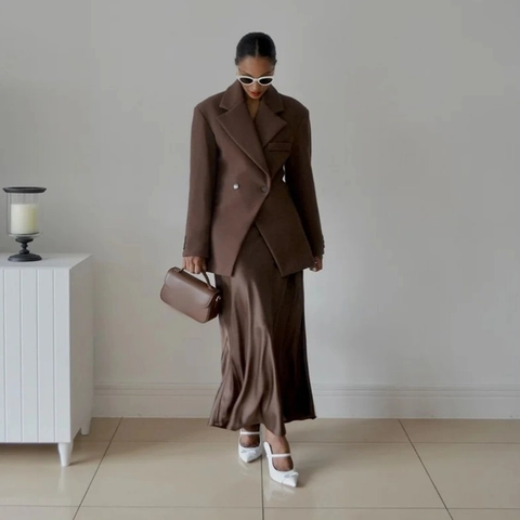Women Double Breasted Blazer Jacket Notched Lapel Long Sleeve Solid Color Professional Office Casual Polyester Coat