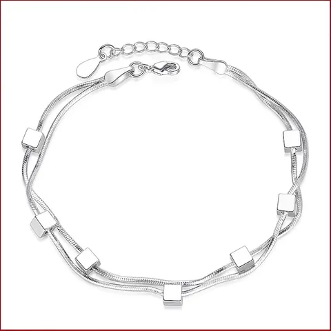 Bracelet Chaîne Serpent Double Couche Pendentifs Carrés Étoiles Cuivre Plaqué Argent Bijoux Ajustables Femmes