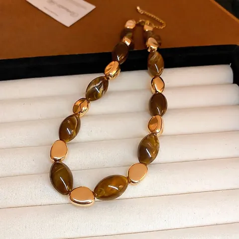 Collier De Perles En Résine Ovale Géométrique Avec Perles En Alliage Doré Bijoux De Mode Vintage Pour Femmes Accessoire Quotidien Polyvalent