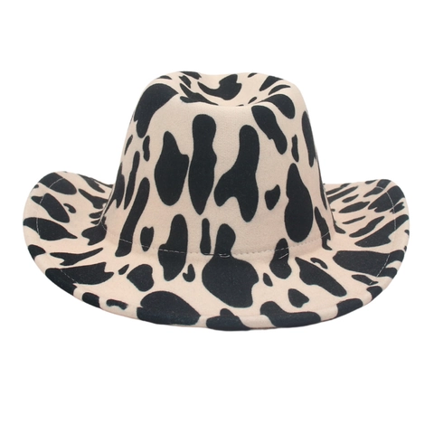 Cow Print Western Cowboy Hat Cotton Felt Vintage Wide Brim Jazz Fedora For Cosplay Stage Party Sunshade