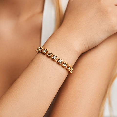 Square Zirconia Cuban Link Bracelet For Women Copper Gold Plated Geometric Chain Adjustable Fashion Jewelry Daily Gift