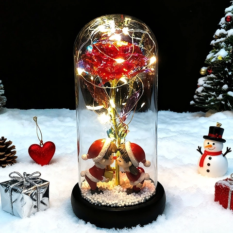 Rosa de Navidad LED Cúpula de Vidrio Muñeca de Pareja Luz Nocturna Decoración Festiva para el Hogar Regalo de San Valentín Adorno