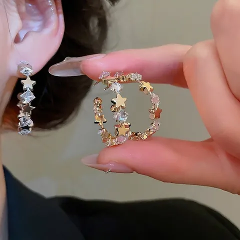 Star C-Shaped Hoop Earrings With Zircon Inlaid Alloy And 925 Sterling Silver Earring Post Elegant Fashion Women