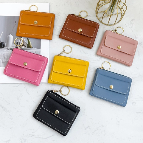 Mini PU Leather Coin Purse Key Wallet For Women With Zipper Snap Closure Contrast Stitching Gold Keychain Ring Solid Color