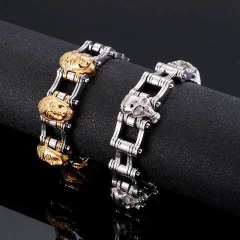 Bracciale Catena Da Moto Da Uomo Acciaio Inossidabile 316L Testa Di Buddha Teschio Punk Hip Hop Biker Industriale Metallo