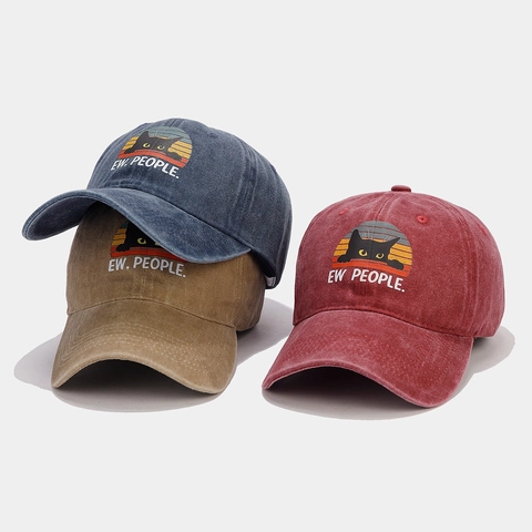 Gewassen Katoenen Honkbalpet Grappige Zwarte Kat Ew People Print Distressed Retro Verstelbare Dad Hat Uniseks Zonneklep