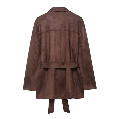 Damen Mode Wildlederoptik Jacke Mit Gürtel Einreihig Reverskragen Lässiger Mantel