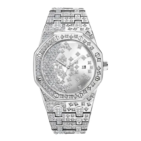 Orologio Al Quarzo Da Uomo Lusso Pieno Rhinestone Iced Out Lunetta Ottagonale Luminoso Data Impermeabile Moda Lega