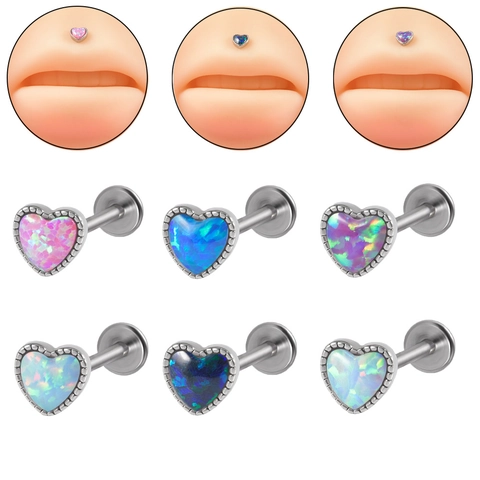 Hart Synthetisch Opaal Labret Stud Interne Schroefdraad Roestvrij Staal Lipring Kraakbeen Oorbel Piercing Sieraden