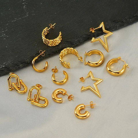 Geometric Stainless Steel Hoop Earrings 18K Gold Plated Minimalist Star C Shaped Twisted U Link Jewelry For Women