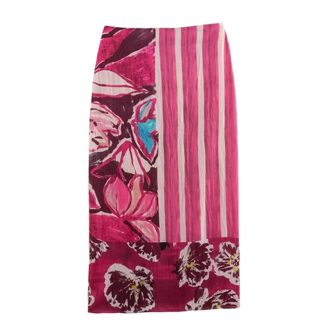 Elegant Satin Midi Skirt Floral Stripe Splicing High Waist Patchwork Streetwear Women