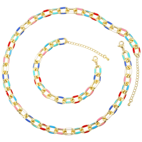 Fashion Multicolor Enamel Copper Chunky Chain Necklace And Bracelet Gold Silver Plated Cuban Link Jewelry For Women