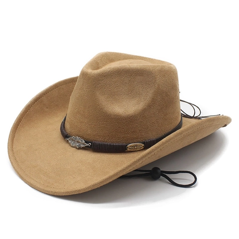 Western Cowboy Hat Suede Wide Brim Fedora With Metal Leaf Decoration Adjustable Chin Strap Vintage Jazz Style For Men Women