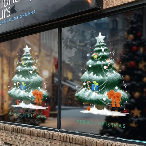 Christmas Tree Window Stickers PVC Static Cling For Glass Festive Hand Painted Both Sides Pattern Merry Christmas Decor