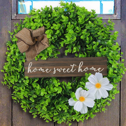 Corona Eucalipto Artificial Colgante Puerta Lazo Arpillera Letrero Madera Home Sweet Home Flores Blancas Decoración Rústica