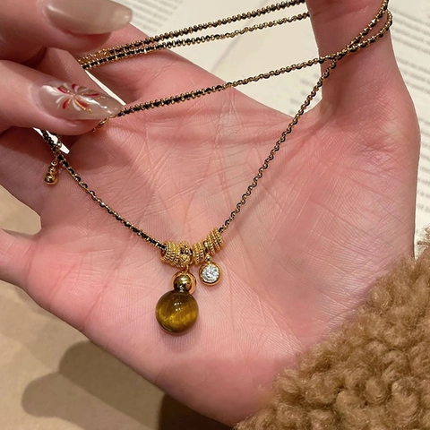 Collana Con Pendente In Pietra Occhio Di Tigre Retro Placcata Oro Con Zircone Stile Maillard Gioielli Vintage Per Donna