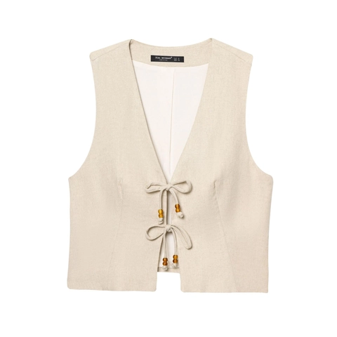 Completi Gilet Stile Lino E Minigonna A Portafoglio Donna Scollo V Lacci Perline Di Legno Crop Top Senza Maniche Estate