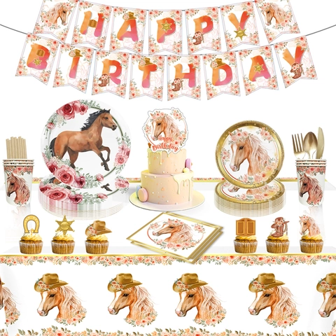 Decorazioni Per Feste Di Compleanno Tema Cavallo Cowboy Floreale Stoviglie Banner Palloncini Cake Topper Tovaglioli Piatti Tazze Tovaglia