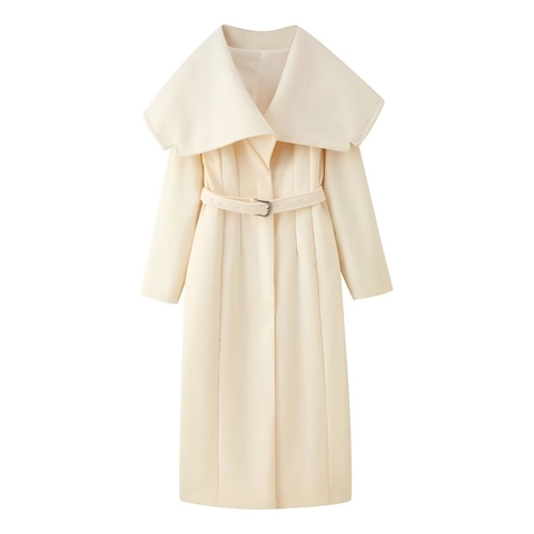 Damen Wollmantel Elegant Großer Revers Gürtel Langer Übermantel Einfarbig Casual Mode Oberbekleidung