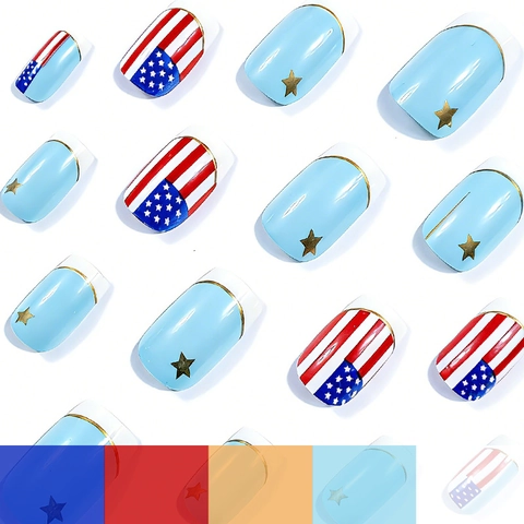 US Unabhängigkeitstag Künstliche Nägel Stars And Stripes Design Französischer Stil Goldener Stern Dekoration Falsche Nägel